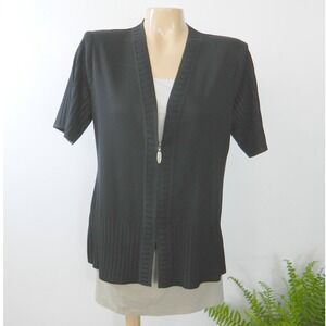 Misook Zip Front Cardigan Women Small Black Short Sleeve Ribbed Knit Sweater Top